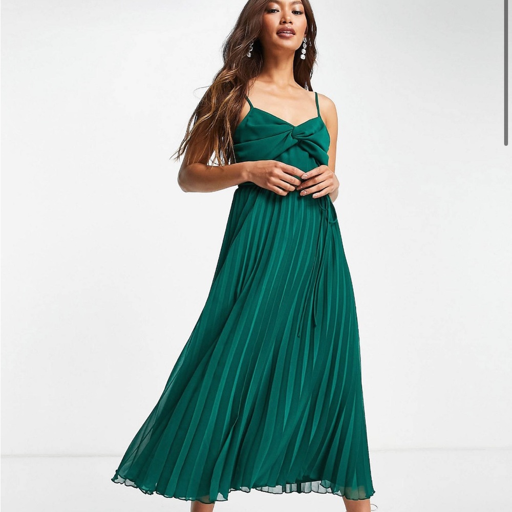 ASOS DESIGN pleated cami midi dress with drawstring waist in forest green
